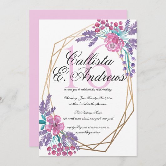 Elegante Blume Gold Terrarium Wasserfarbe Süß 16 Einladung (Vorne/Hinten)