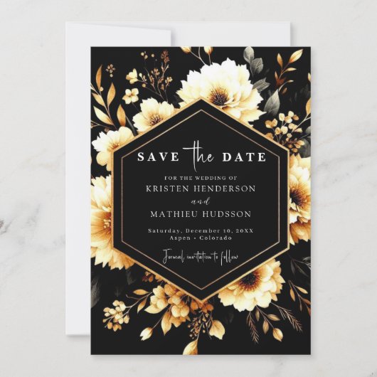 Elegante Blume Gold und Black Wedding Save The Date (Vorderseite)