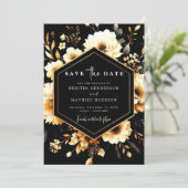 Elegante Blume Gold und Black Wedding Save The Date (Stehend Vorderseite)