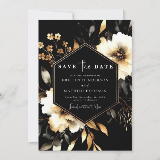 Elegante Blume Gold und Black Wedding Save The Date (Vorderseite)