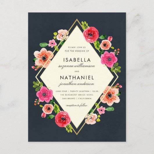 Elegante Blume | Goldrahmen-Hochzeit Postkarte (Vorderseite)