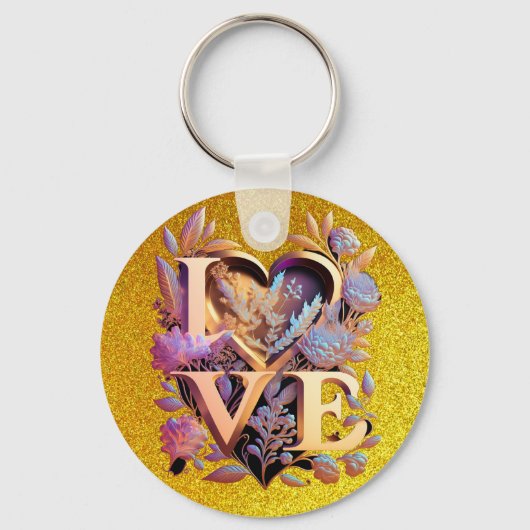 Elegante Blume, Herz und Goldene Liebe Schlüsselanhänger (Vorderseite)