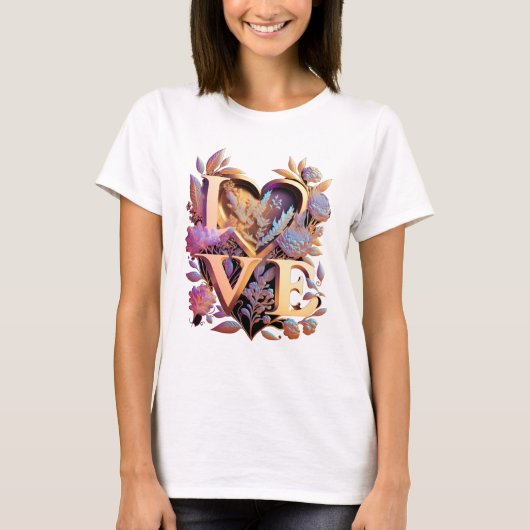 Elegante Blume, Herz und Goldene Liebe T-Shirt (Vorderseite)
