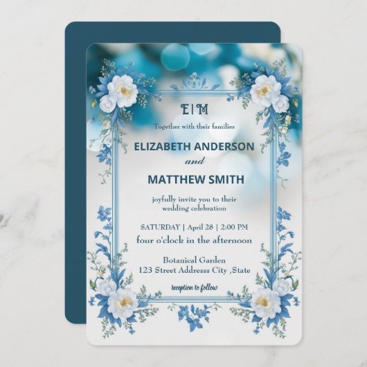 Elegante Blume Hochzeit Biue & White Overlay Einladung (Vorne/Hinten)