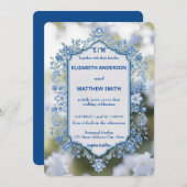 Elegante Blume Hochzeit Biue & White Overlay Einladung (Vorne/Hinten)