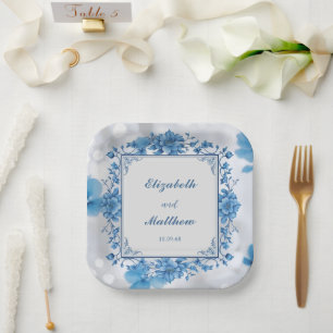 Elegante Blume Hochzeit Biue & White Overlay Pappteller