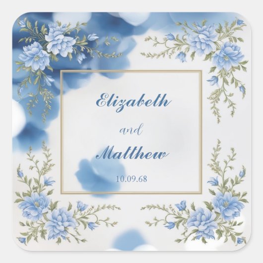 Elegante Blume Hochzeit Biue & White Overlay Quadratischer Aufkleber (Vorderseite)