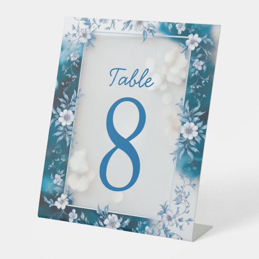 Elegante Blume Hochzeit Biue & White Overlay Sockelschild (Vorderseite)