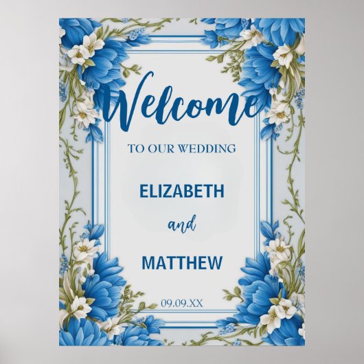 Elegante Blume Hydrangea Hochzeit in Blau und Weiß Poster (Vorne)
