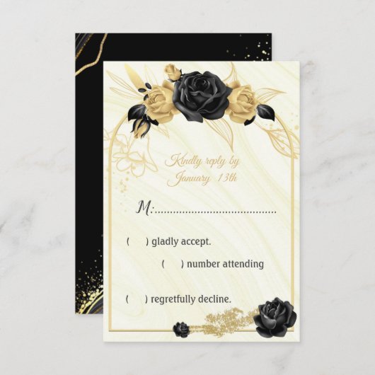 Elegante Blume in Gold und Schwarz RSVP Karte (Vorne/Hinten)