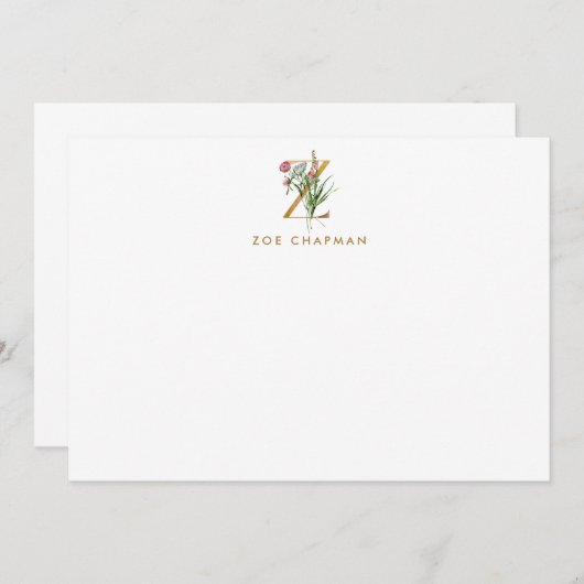 Elegante Blume Monogram Gold Letter Z Note Card Mitteilungskarte (Vorne/Hinten)