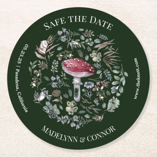 Elegante Blume Pilz Hochzeit speichern das Datum Runder Pappuntersetzer (Vorderseite)