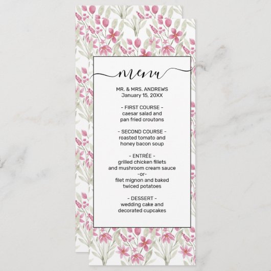 Elegante Blume Rosa Farbe Grün Wasserfarbe Blüte Menükarte (Vorne/Hinten)