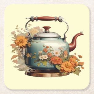 Elegante Blume Tea Pot Kaffee Niedliches Getränkea Rechteckiger Pappuntersetzer