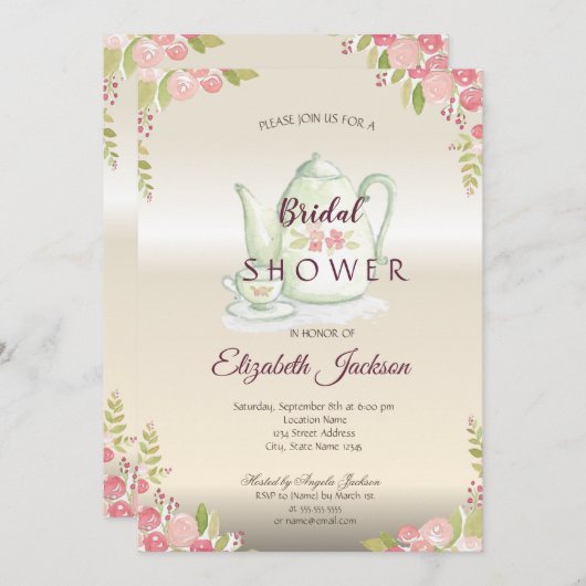 Elegante Blume Teapot Brautparty Einladung (Vorne/Hinten)