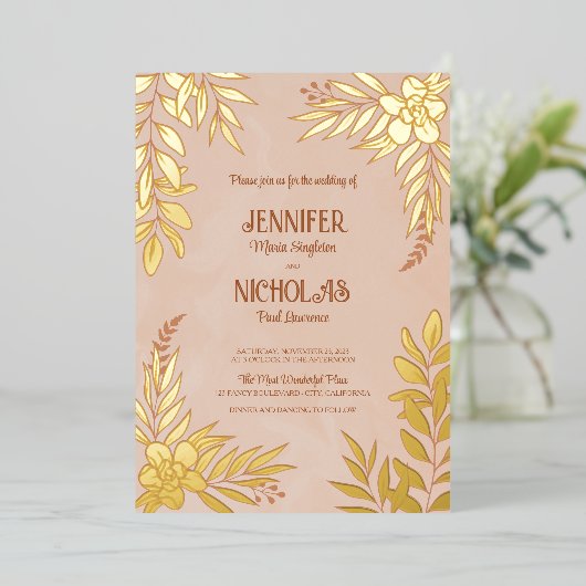 Elegante Blume und Blätter für Hochzeiten Folieneinladung (Stehend vorne)