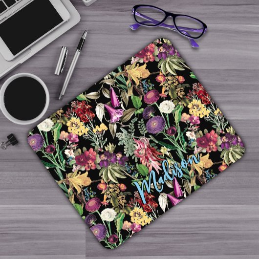 Elegante Blume und Blätter, schwarze Blumenmuster Mousepad