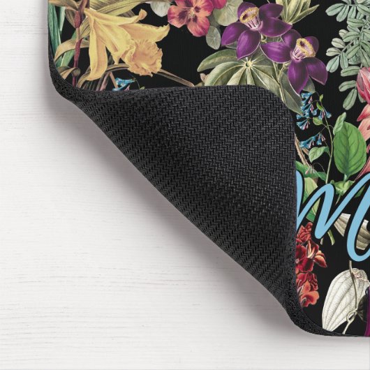 Elegante Blume und Blätter, schwarze Blumenmuster Mousepad (Ecke)