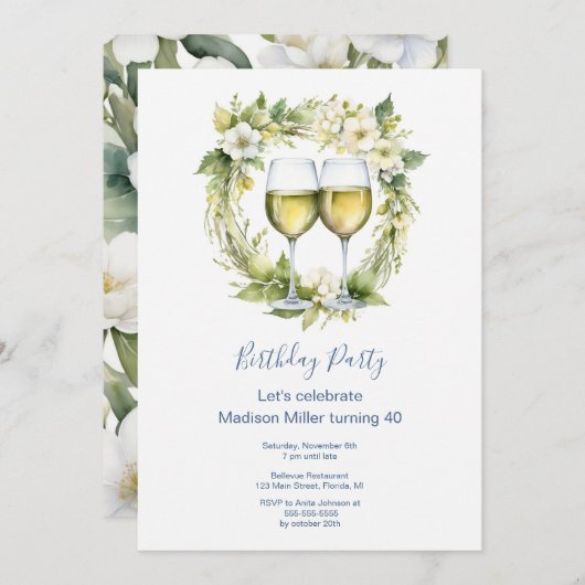 Elegante Blume Weißer Wein Erwachsene Geburtstag Einladung (Vorne/Hinten)