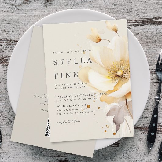 Elegante Blume White Yellow Gold QR Code Hochzeit Einladung