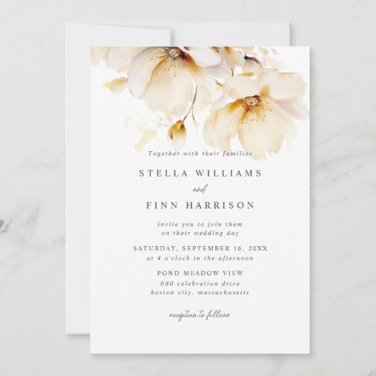 Elegante Blume White Yellow Gold QR Code Hochzeit Einladung (Vorderseite)