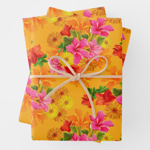 Elegante Blumen auf Orange Geschenkpapier Set