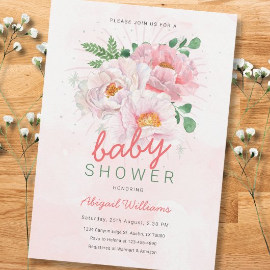Elegante Blumen-Baby-Dusche mit rosa Peonies Einladung