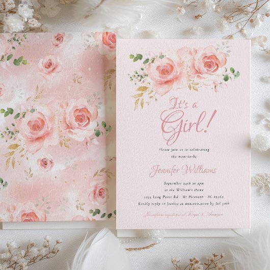 Elegante Blumen-Baby-Dusche - Rosa und Gold Einladung