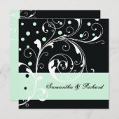 Elegante Blumen Blätter schwarz, Minze Hochzeit Einladung (Vorne/Hinten)