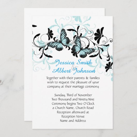 Elegante Blumen Blauer Schmetterling Hochzeit Einl Einladung (Vorne/Hinten)