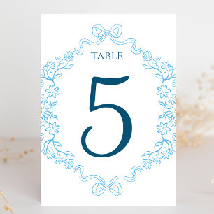 Elegante Blumen & Bow Illustration Blaue Hochzeit Tischnummer