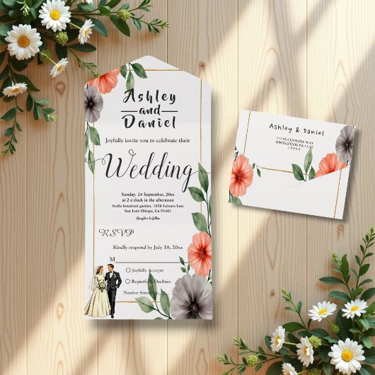 Elegante Blumen Bridge und Groom Chic Wedding All In One Einladung