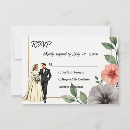 Elegante Blumen Bridge und Groom Chic Wedding RSVP Karte (Vorderseite)