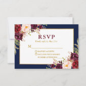 Elegante Blumen Burgundy Blue Gold Wedding RSVP Karte (Vorderseite)
