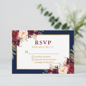 Elegante Blumen Burgundy Blue Gold Wedding RSVP Karte (Stehend Vorderseite)