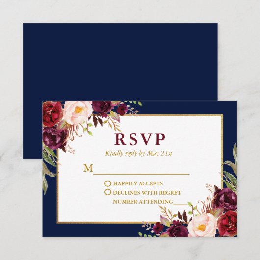 Elegante Blumen Burgundy Blue Gold Wedding RSVP Karte (Vorne/Hinten)