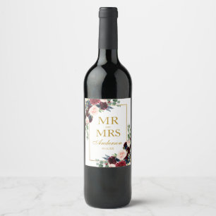 Elegante Blumen Burgundy Blue Gold Wedding Weinetikett