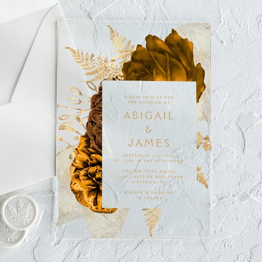 Elegante Blumen Burnt Orange Gold Wedding Acryleinladungen