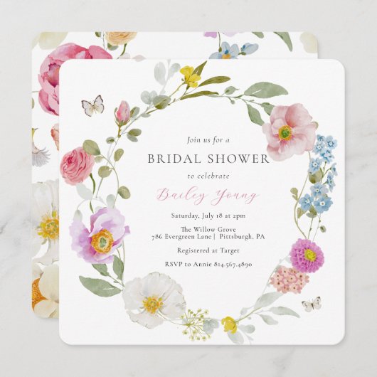 Elegante Blumen Butterfly Bridal Dusche Einladung (Vorne/Hinten)