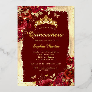 Elegante Blumen Butterfly Red Gold Quinceanera Folieneinladung