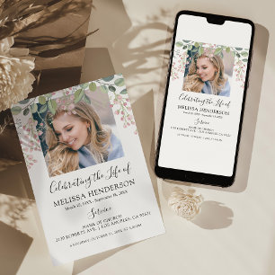 Elegante Blumen-Foto-Bestattung   Gedenkfeier Einladung