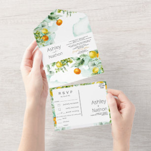 Elegante Blumen & Früchte Wasserfarben Hochzeit im All In One Einladung