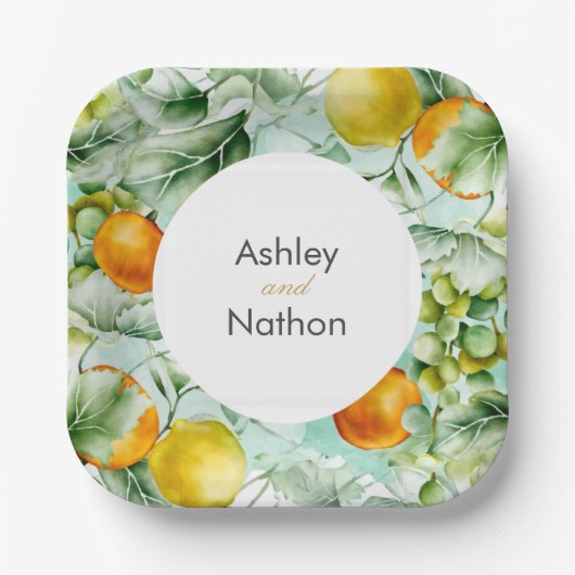 Elegante Blumen & Früchte Wasserfarben Hochzeit im Pappteller (Vorderseite)