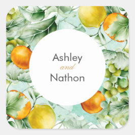 Elegante Blumen & Früchte Wasserfarben Hochzeit im Quadratischer Aufkleber