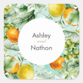 Elegante Blumen & Früchte Wasserfarben Hochzeit im Quadratischer Aufkleber (Vorderseite)