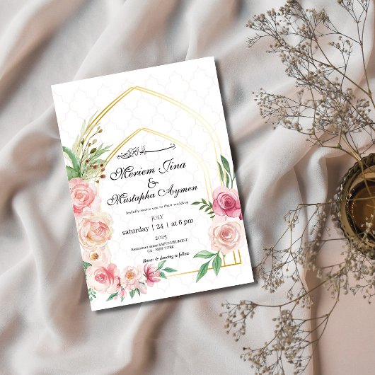 Elegante Blumen-Gold-Arch-Hochzeit Einladung