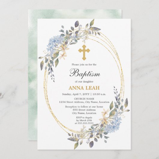 Elegante Blumen-Gold-Cross-Taufe Einladung (Vorne/Hinten)