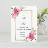 Elegante Blumen-Gold-Rahmen Hochzeitseinladung Einladung (Stehend Vorderseite)