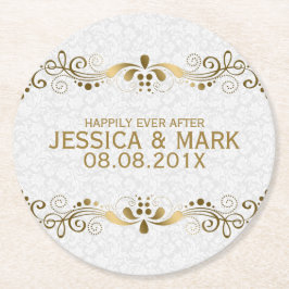 Elegante Blumen-Gold-Spitzen mit weißen Damasken 2 Runder Pappuntersetzer