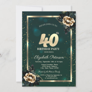 Elegante Blumen Goldrahmen Sterne Grün 40. Einladung